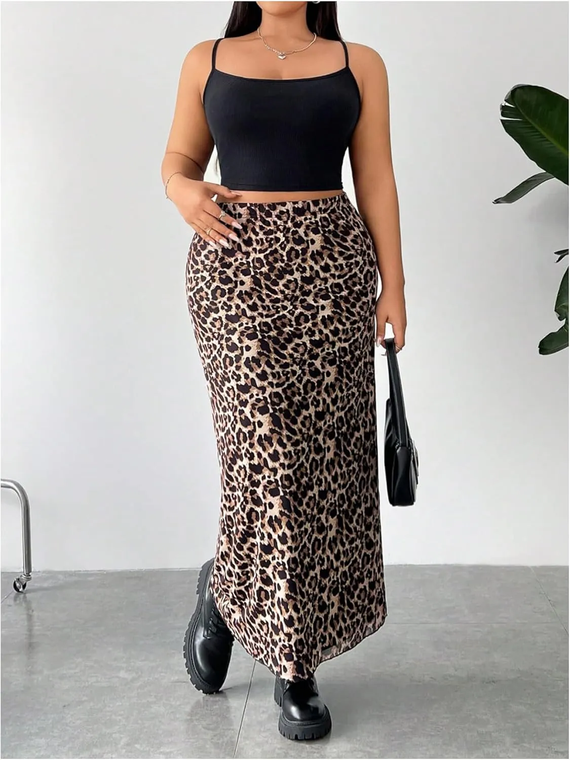 Floerns Women's Plus Size Leopard Print Mesh High Waisted Maxi Skirts