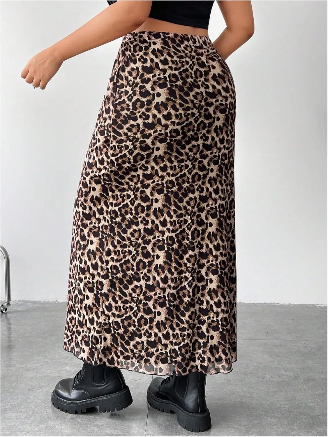 Floerns Women's Plus Size Leopard Print Mesh High Waisted Maxi Skirts