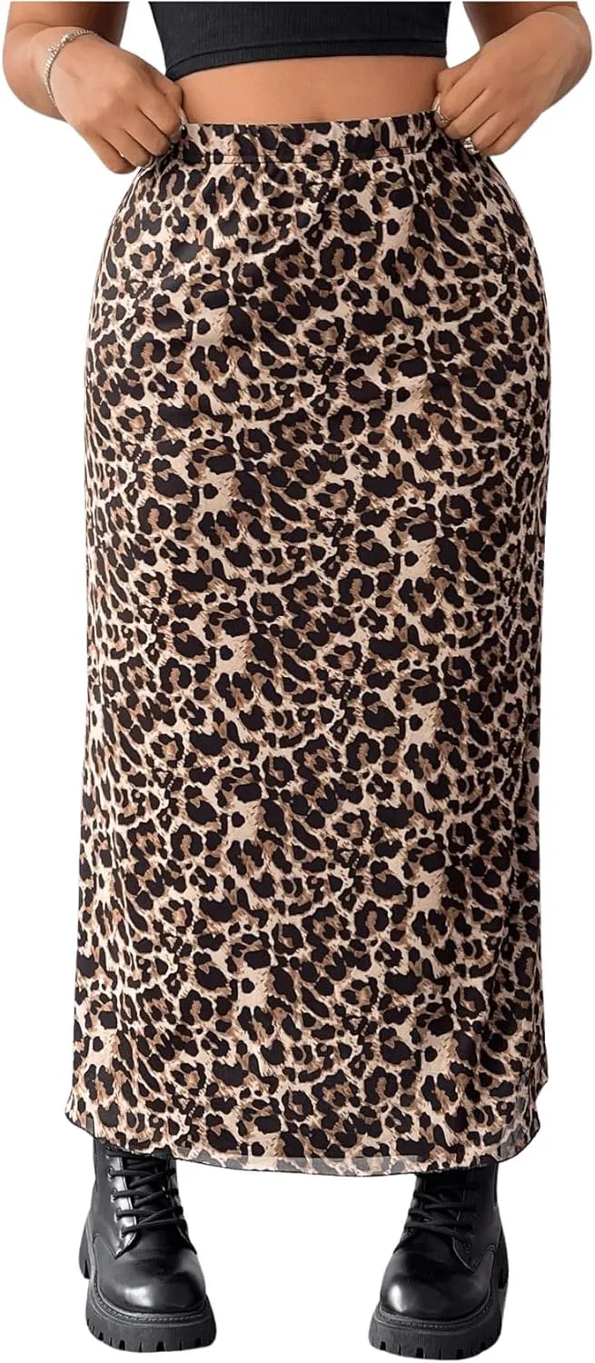Floerns Women's Plus Size Leopard Print Mesh High Waisted Maxi Skirts