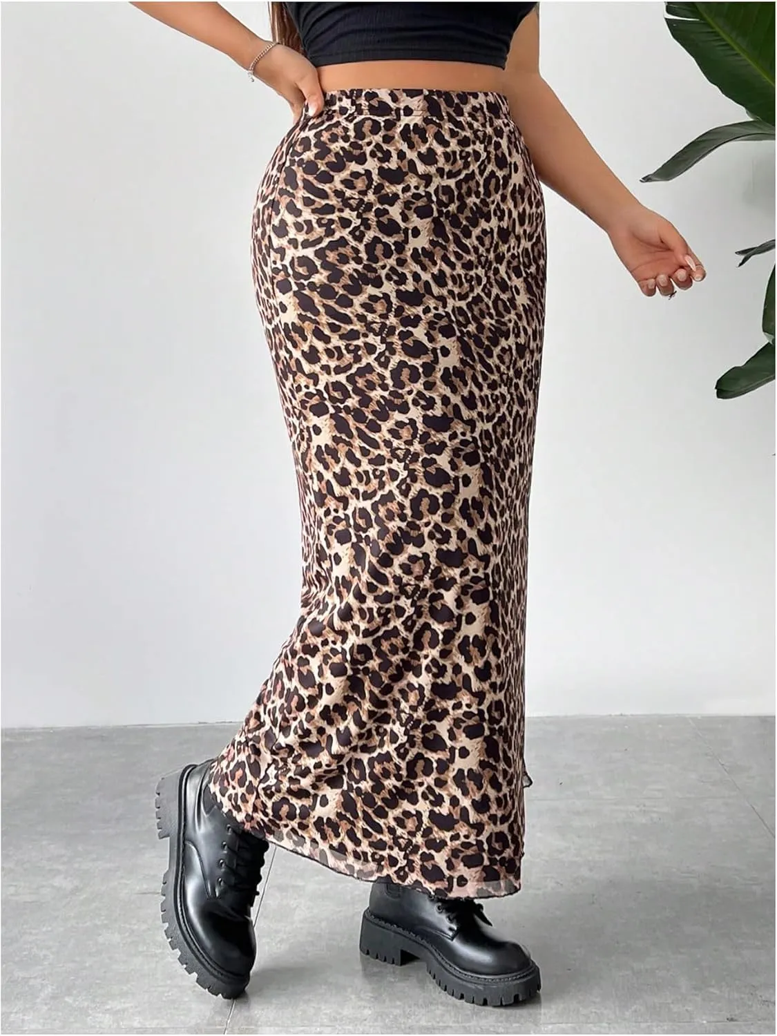 Floerns Women's Plus Size Leopard Print Mesh High Waisted Maxi Skirts