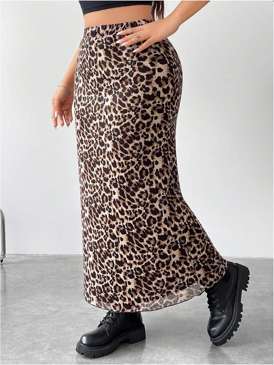 Floerns Women's Plus Size Leopard Print Mesh High Waisted Maxi Skirts