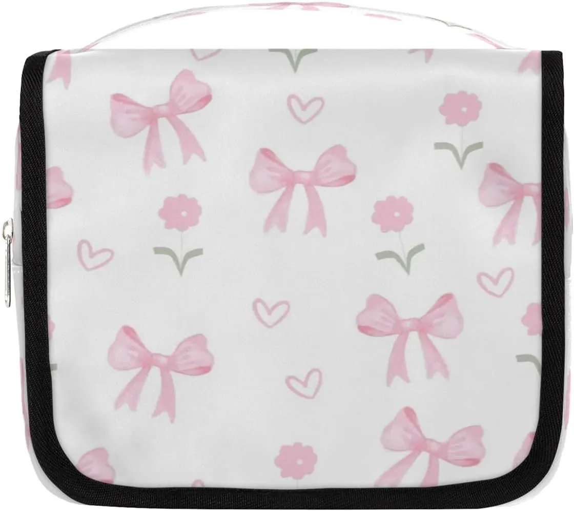 Flowers Bows Hanging Travel Toiletry Bag Cosmetic Bag Portable Wash Bag with Hook for Bathroom Accessories Toiletries Cosmetics