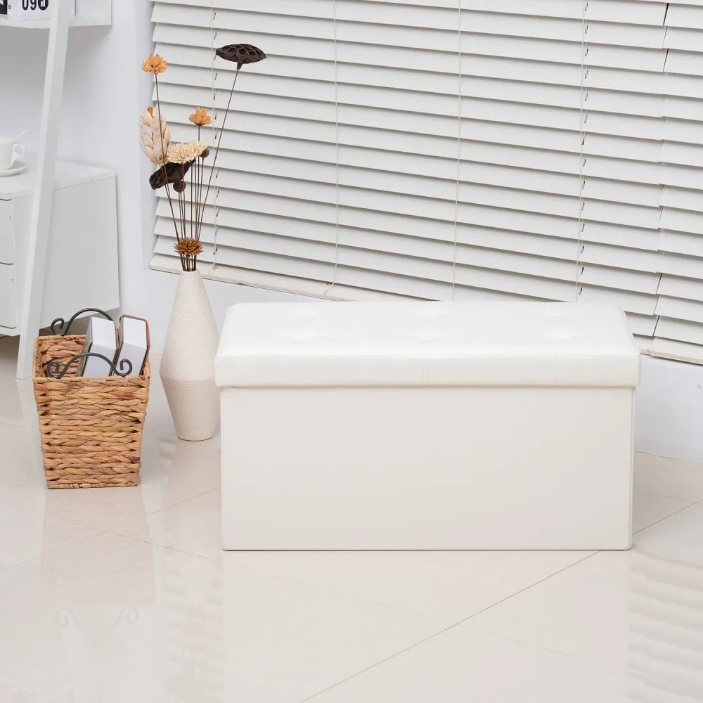 Folding Cream White Faux Leather Storage Cube Ottoman Bench Seat PU Rectangular Footrest Stool Box