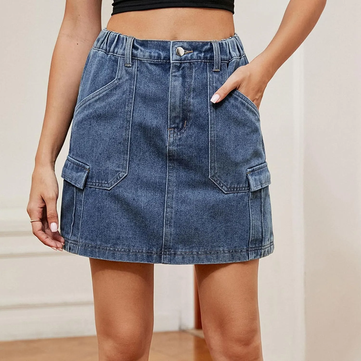 FZYLQY Denim Skirt for Womens Trendy Casual Elastic High Waisted Short Mini Skirt for Teen Girls Y2K Cute Baggy Jean Skirt