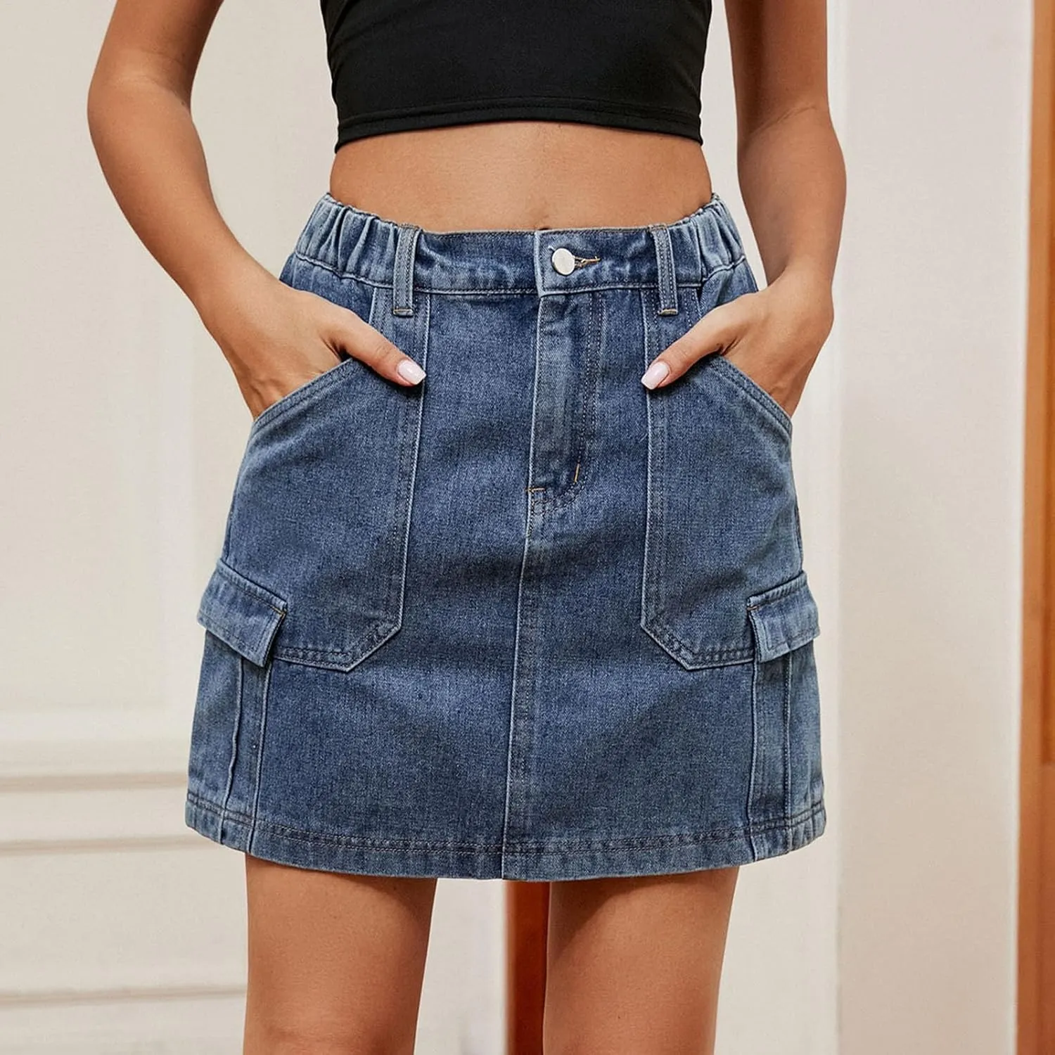 FZYLQY Denim Skirt for Womens Trendy Casual Elastic High Waisted Short Mini Skirt for Teen Girls Y2K Cute Baggy Jean Skirt