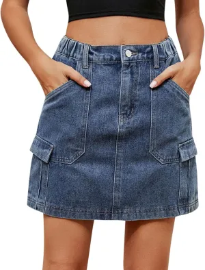 FZYLQY Denim Skirt for Womens Trendy Casual Elastic High Waisted Short Mini Skirt for Teen Girls Y2K Cute Baggy Jean Skirt