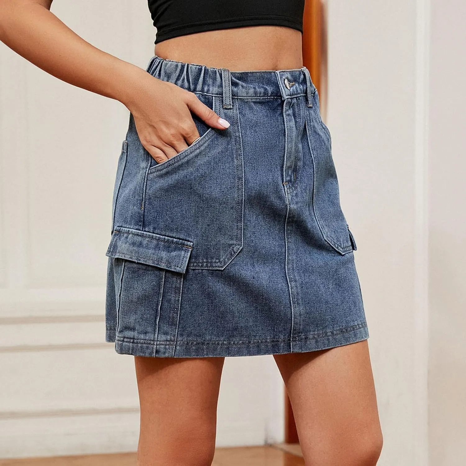 FZYLQY Denim Skirt for Womens Trendy Casual Elastic High Waisted Short Mini Skirt for Teen Girls Y2K Cute Baggy Jean Skirt