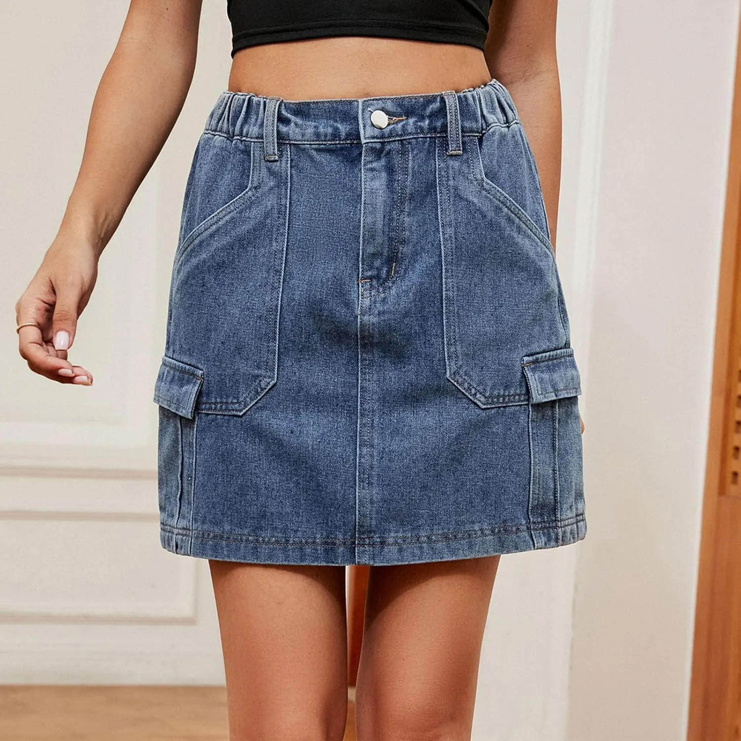 FZYLQY Denim Skirt for Womens Trendy Casual Elastic High Waisted Short Mini Skirt for Teen Girls Y2K Cute Baggy Jean Skirt