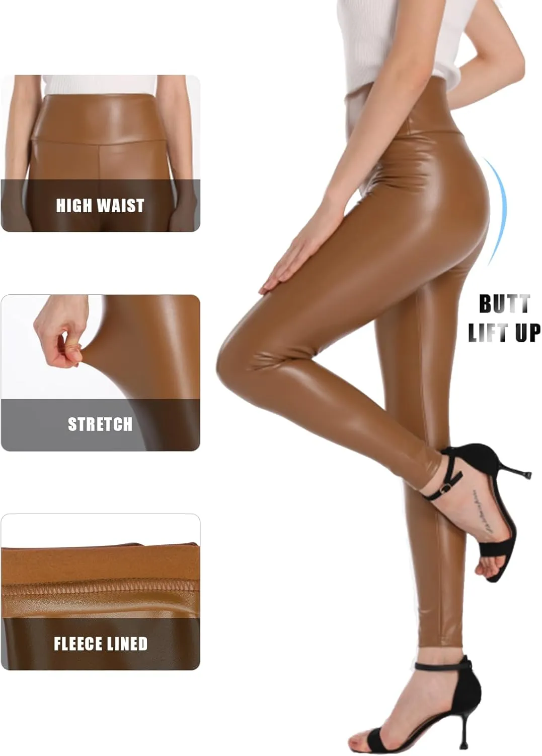Ginasy Faux Leather Leggings for Women Tummy Control Stretch High Waist Pleather Pants with Thin Fleece Lined