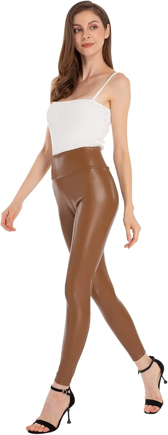 Ginasy Faux Leather Leggings for Women Tummy Control Stretch High Waist Pleather Pants with Thin Fleece Lined