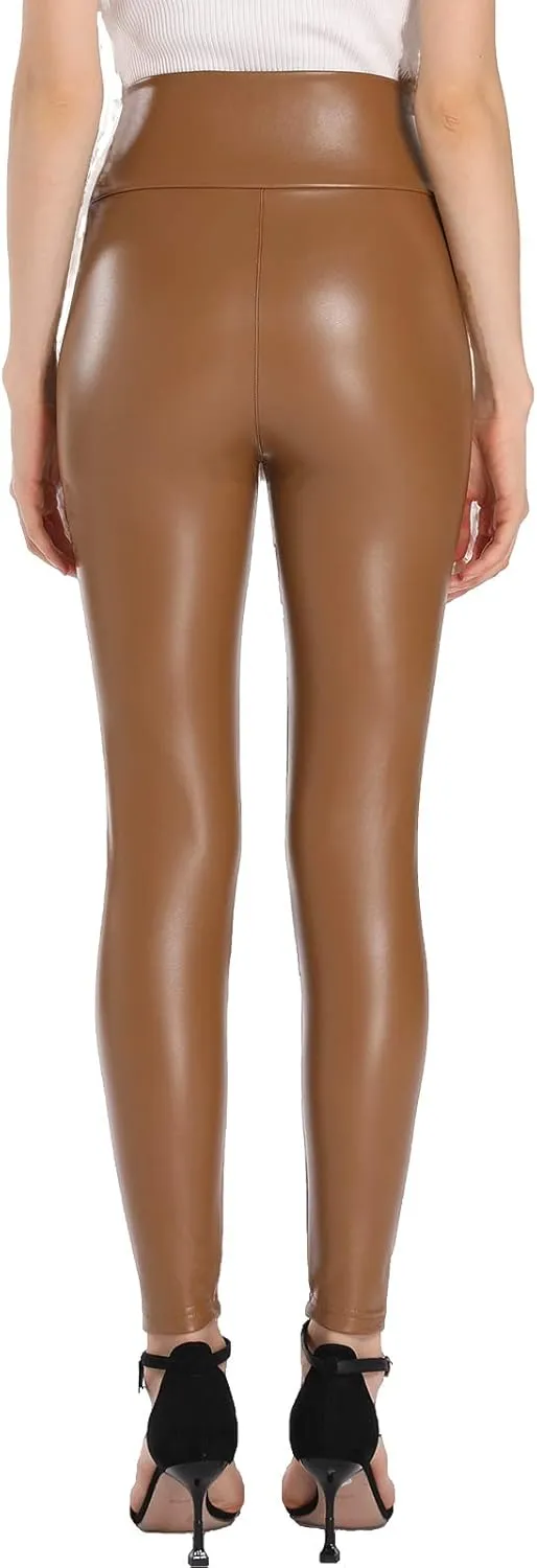 Ginasy Faux Leather Leggings for Women Tummy Control Stretch High Waist Pleather Pants with Thin Fleece Lined