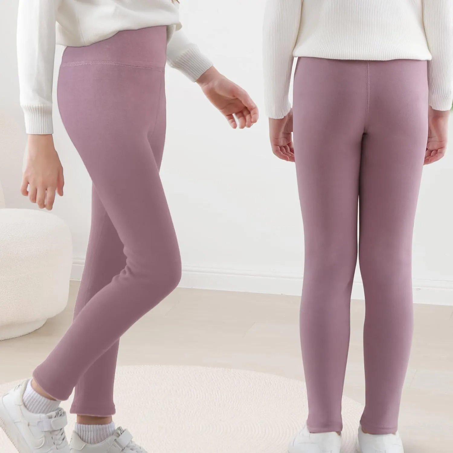 Girls Fleece Lined Leggings High Waist Thick Kids Warm Pants Full Length Cotton Leggings for Toddler 5-11 Years