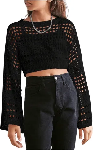 Girl's Hollow Out Knitted Crop Sweater Long Sleeve Crew Neck Drop Shoulder Sheer Pullovers Knitwear