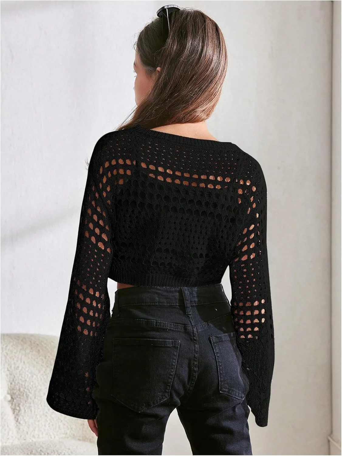 Girl's Hollow Out Knitted Crop Sweater Long Sleeve Crew Neck Drop Shoulder Sheer Pullovers Knitwear