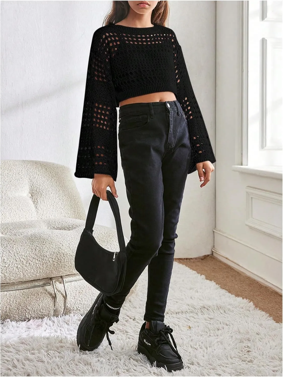 Girl's Hollow Out Knitted Crop Sweater Long Sleeve Crew Neck Drop Shoulder Sheer Pullovers Knitwear