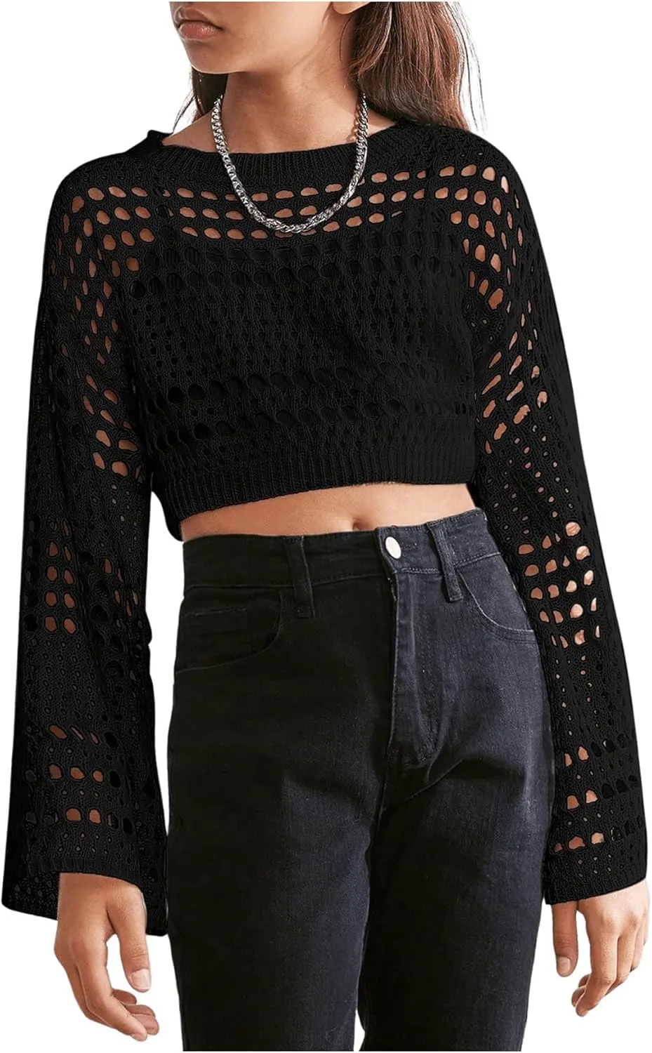 Girl's Hollow Out Knitted Crop Sweater Long Sleeve Crew Neck Drop Shoulder Sheer Pullovers Knitwear