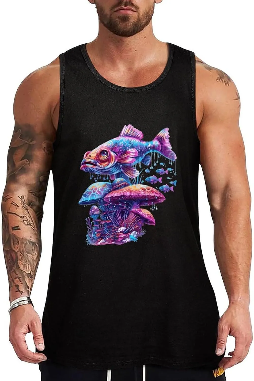 Glowing Magic Mushroom Fish Mens Tank Top Cotton Undershirt Crewneck Sleeveless Shirt for Summer