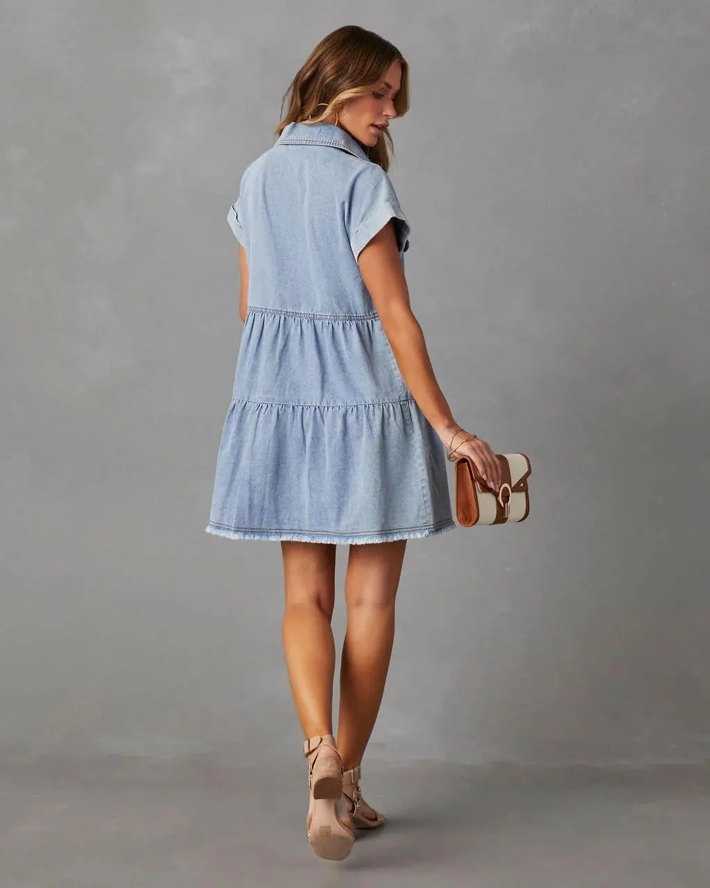 HBQ Women's Casual Babydoll Denim Shirt Dresses Short Sleeve Loose Fit Button Down Mini Jean Dress