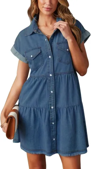 HBQ Women's Casual Babydoll Denim Shirt Dresses Short Sleeve Loose Fit Button Down Mini Jean Dress