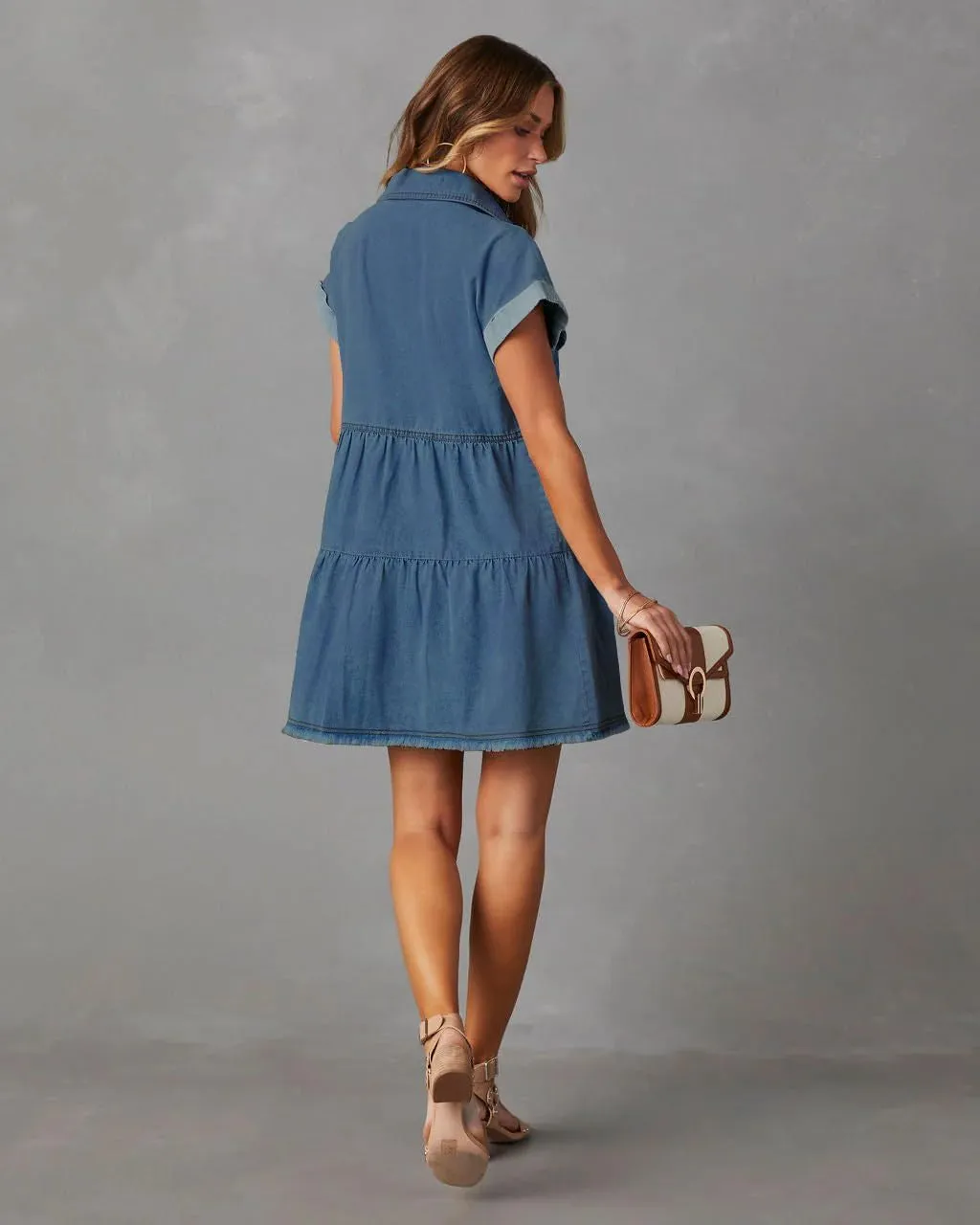 HBQ Women's Casual Babydoll Denim Shirt Dresses Short Sleeve Loose Fit Button Down Mini Jean Dress