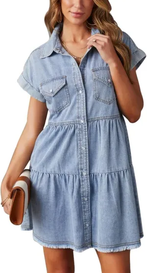 HBQ Women's Casual Babydoll Denim Shirt Dresses Short Sleeve Loose Fit Button Down Mini Jean Dress