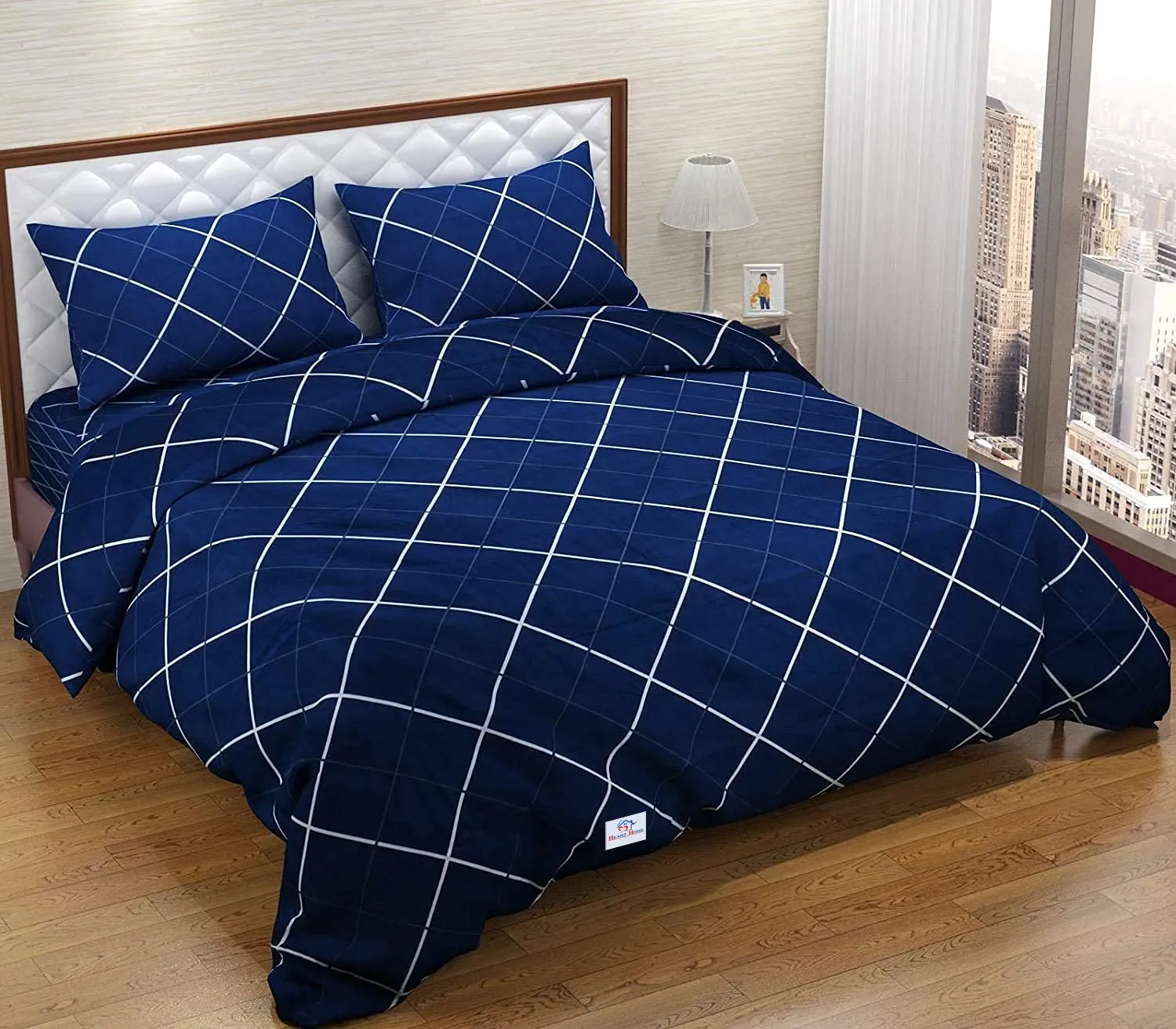 Heart Home Geomatric Printed Luxurious Soft Breathable & Comfortable Cotton Double Bedsheet with 2 Pillow Covers (Blue)-HS43HEARTH26819