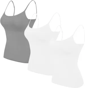 HGps8w 3 Pack Basic Camisoles for Women Bulit-in-Bra Sleeveless Undershirt Solid Color Padded Base Layer Tank Top Cami Shirts