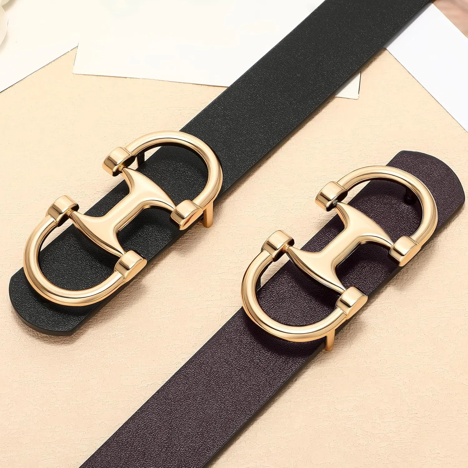 IAKING Women Reversible Leather Belt Two-in-One Ladies Belts with Gold Buckle for Jeans Pants Dresses
