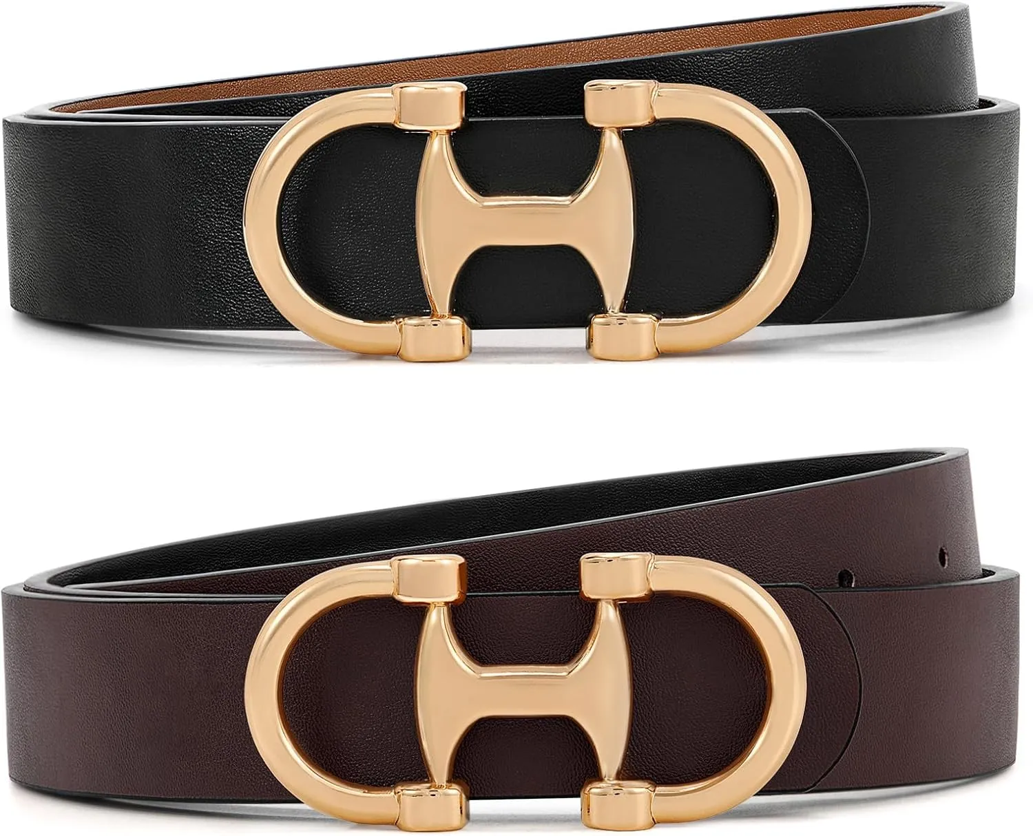 IAKING Women Reversible Leather Belt Two-in-One Ladies Belts with Gold Buckle for Jeans Pants Dresses