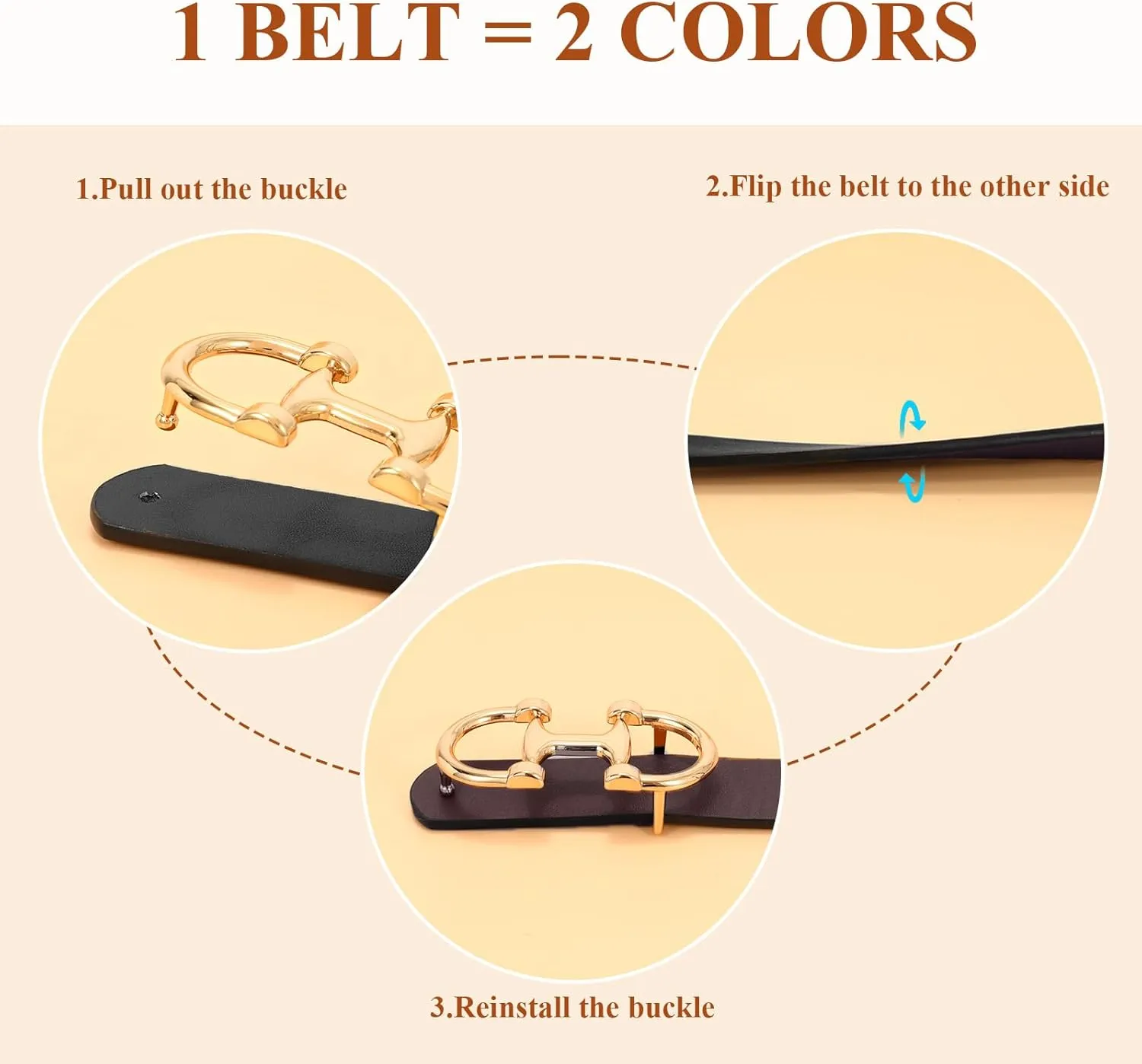IAKING Women Reversible Leather Belt Two-in-One Ladies Belts with Gold Buckle for Jeans Pants Dresses