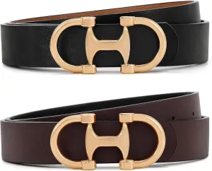 IAKING Women Reversible Leather Belt Two-in-One Ladies Belts with Gold Buckle for Jeans Pants Dresses
