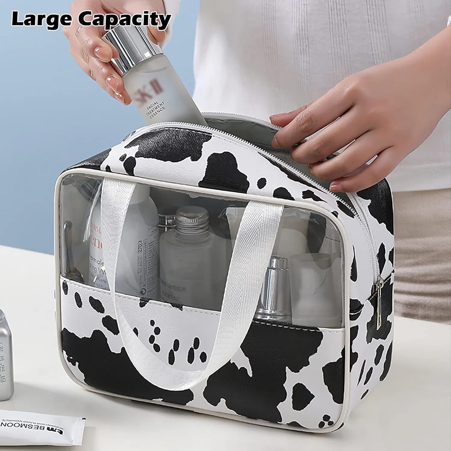 IMCUZUR Travel Toiletry Bag for Women, Makeup Bag Cosmetic Organizer, Travel Tote for Accessories Toiletries (Cow Pattern - M)