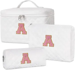 Initial Makeup Bag Set,Personalized Cosmetic Bag for Women,Cute Make Up Bags,Toiletry Organizer Travel Accessories-A