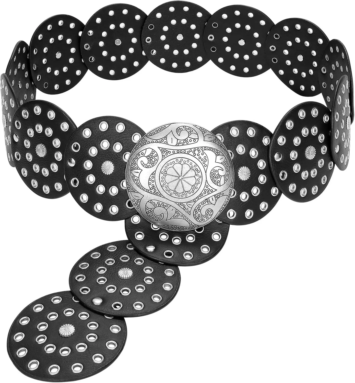 JASGOOD Western Belts for Women Wide Hollow Disc Leather Belt Cowgirl Waist Belt for Jeans Dresses with Metal Buckle