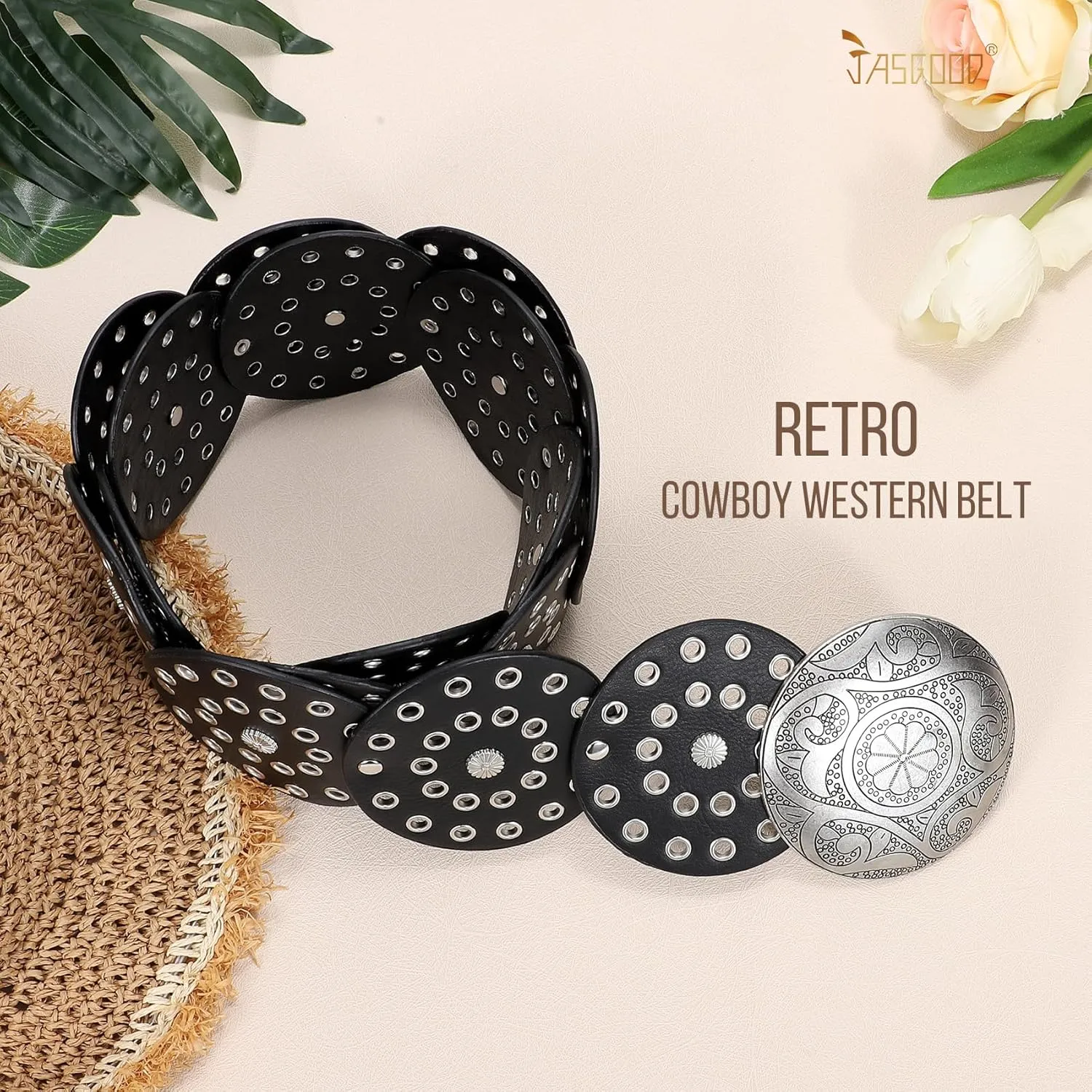 JASGOOD Western Belts for Women Wide Hollow Disc Leather Belt Cowgirl Waist Belt for Jeans Dresses with Metal Buckle