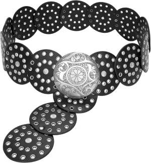JASGOOD Western Belts for Women Wide Hollow Disc Leather Belt Cowgirl Waist Belt for Jeans Dresses with Metal Buckle