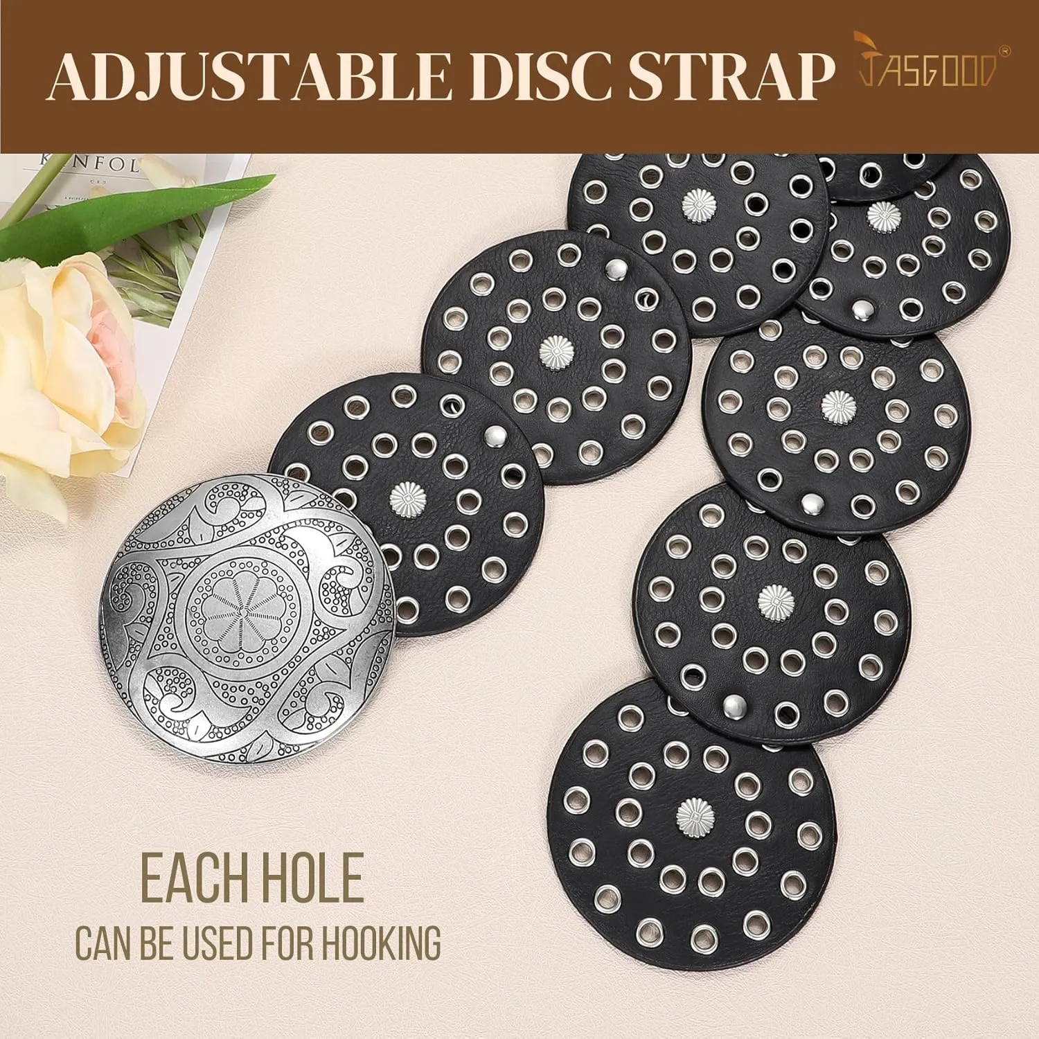 JASGOOD Western Belts for Women Wide Hollow Disc Leather Belt Cowgirl Waist Belt for Jeans Dresses with Metal Buckle