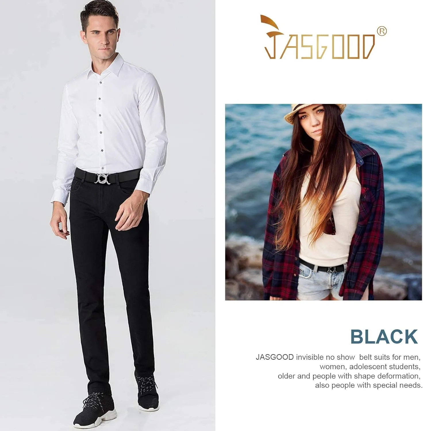 JASGOOD Women No Show Stretch Belt 2 Pack Adjustable Elastic Web Belt with Flat Buckle for Jeans Pants Casual Belts