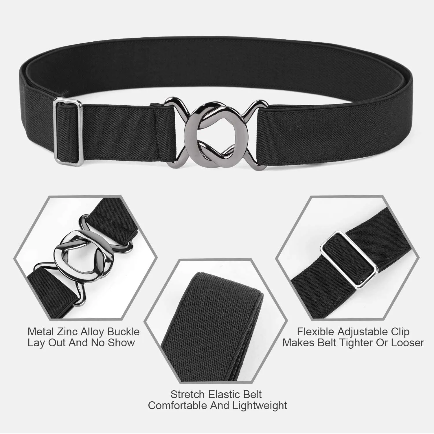 JASGOOD Women No Show Stretch Belt 2 Pack Adjustable Elastic Web Belt with Flat Buckle for Jeans Pants Casual Belts