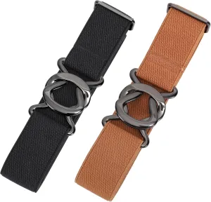 JASGOOD Women No Show Stretch Belt 2 Pack Adjustable Elastic Web Belt with Flat Buckle for Jeans Pants Casual Belts
