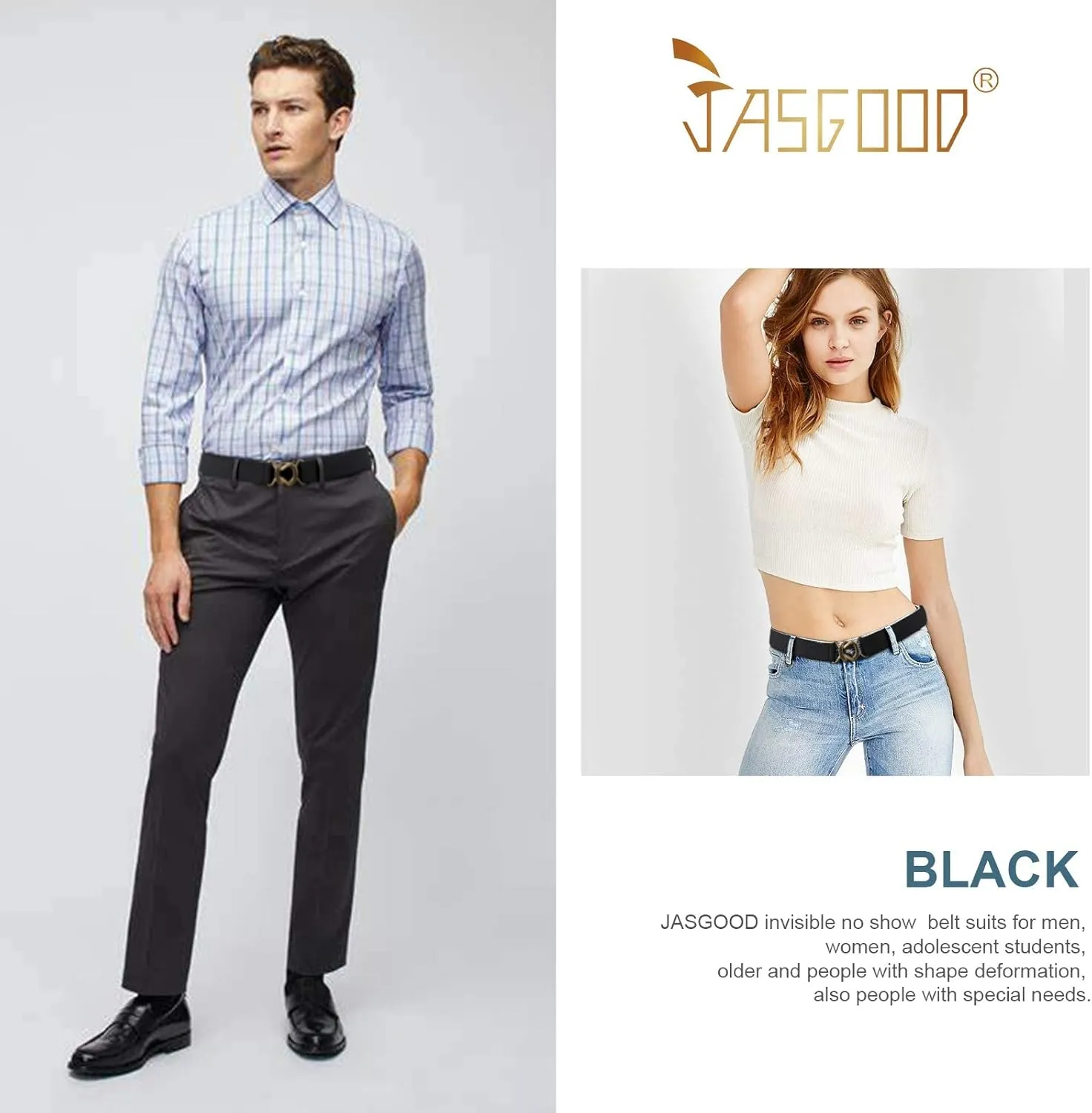 JASGOOD Women No Show Stretch Belt 2 Pack Adjustable Elastic Web Belt with Flat Buckle for Jeans Pants Casual Belts