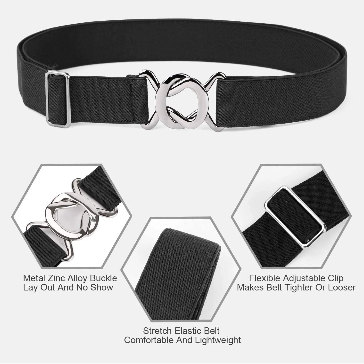 JASGOOD Women No Show Stretch Belt 2 Pack Adjustable Elastic Web Belt with Flat Buckle for Jeans Pants Casual Belts