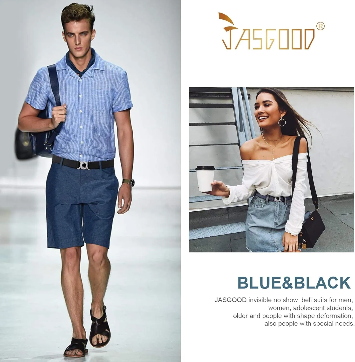 JASGOOD Women No Show Stretch Belt 2 Pack Adjustable Elastic Web Belt with Flat Buckle for Jeans Pants Casual Belts