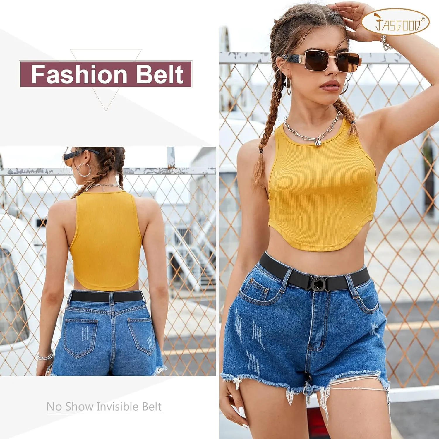 JASGOOD Women No Show Stretch Belt 2 Pack Adjustable Elastic Web Belt with Flat Buckle for Jeans Pants Casual Belts