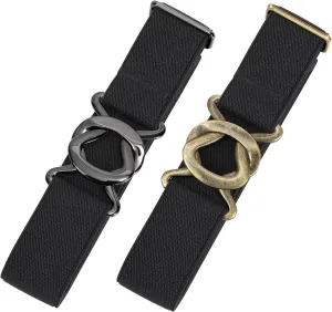 JASGOOD Women No Show Stretch Belt 2 Pack Adjustable Elastic Web Belt with Flat Buckle for Jeans Pants Casual Belts