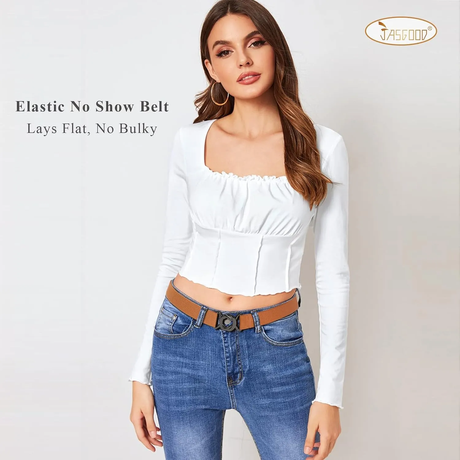 JASGOOD Women No Show Stretch Belt 2 Pack Adjustable Elastic Web Belt with Flat Buckle for Jeans Pants Casual Belts