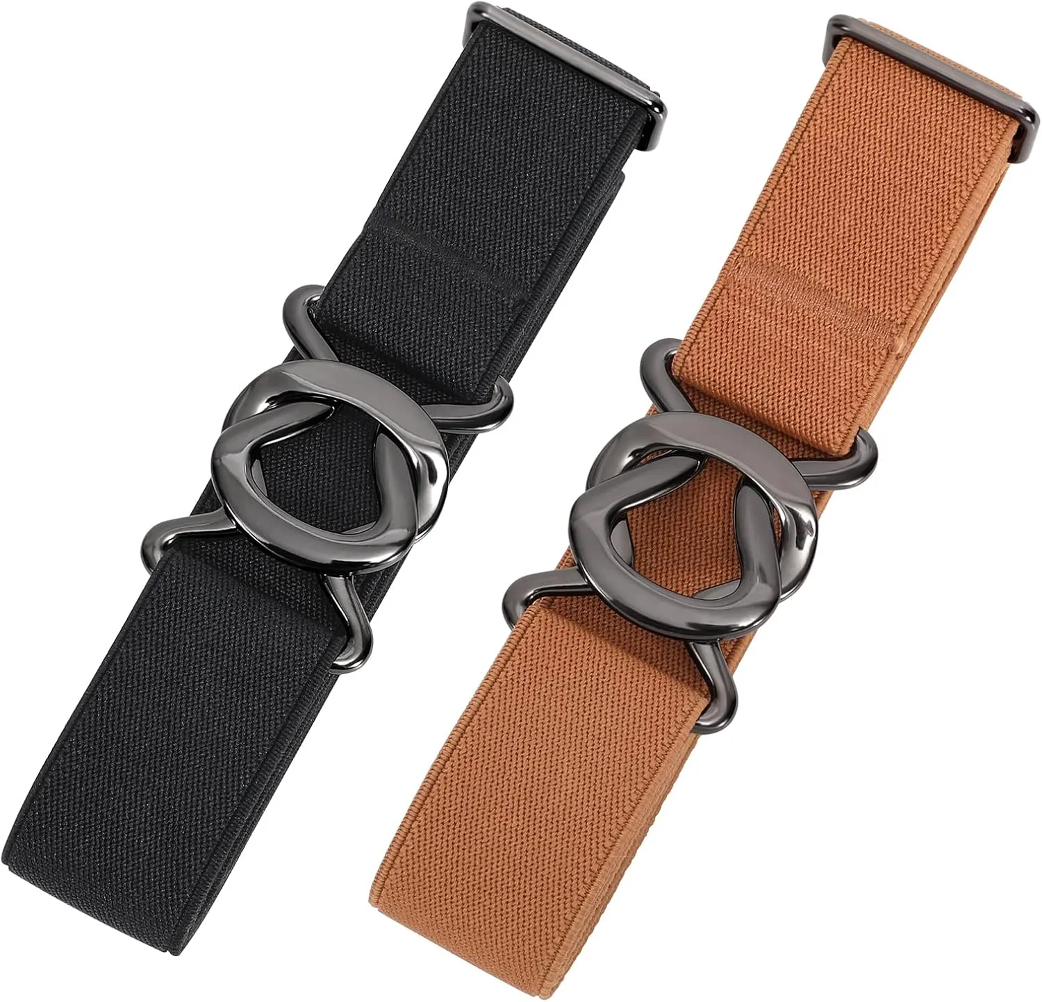 JASGOOD Women No Show Stretch Belt 2 Pack Adjustable Elastic Web Belt with Flat Buckle for Jeans Pants Casual Belts
