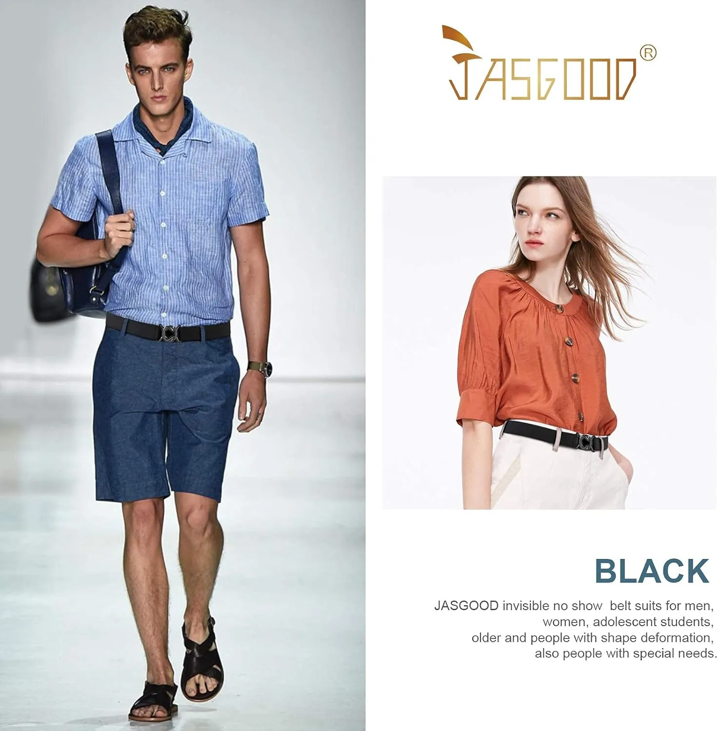 JASGOOD Women No Show Stretch Belt Adjustable Elastic Web Belt with Flat Buckle for Jeans Pants Casual Belts