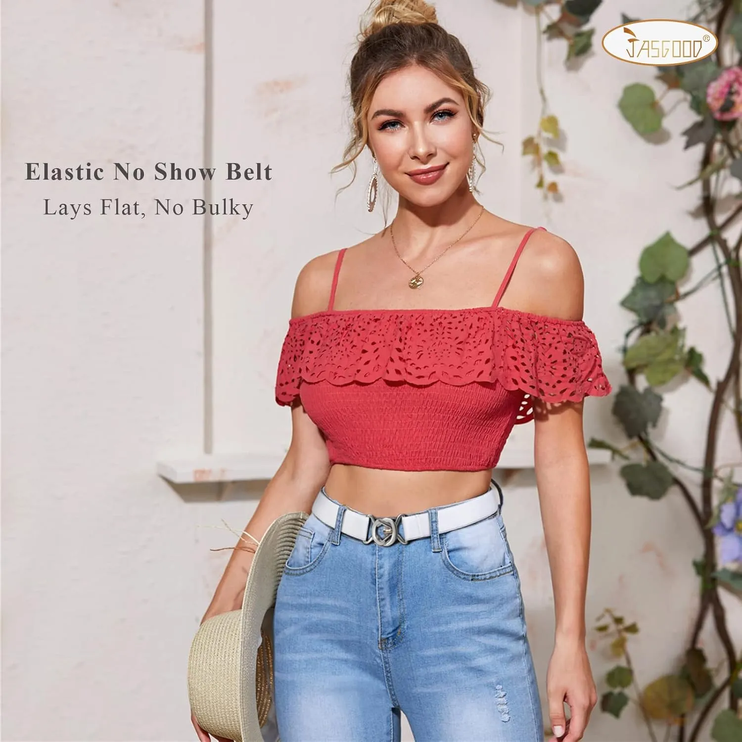 JASGOOD Women No Show Stretch Belt Adjustable Elastic Web Belt with Flat Buckle for Jeans Pants Casual Belts