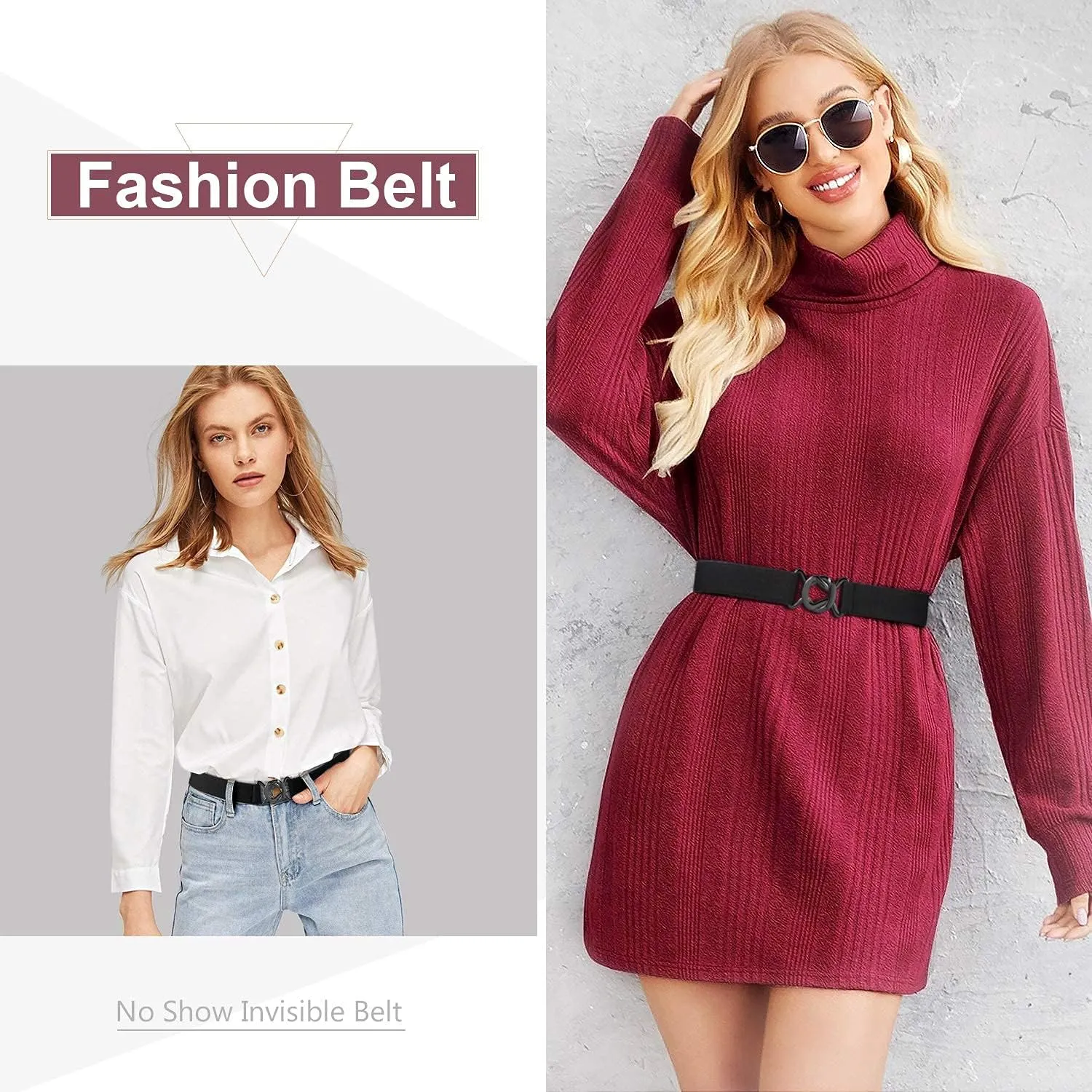 JASGOOD Women No Show Stretch Belt Adjustable Elastic Web Belt with Flat Buckle for Jeans Pants Casual Belts